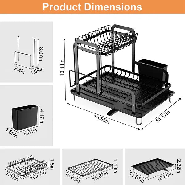 2-Tier Carbon Steel Dish Drying Rack with Drainage Tray