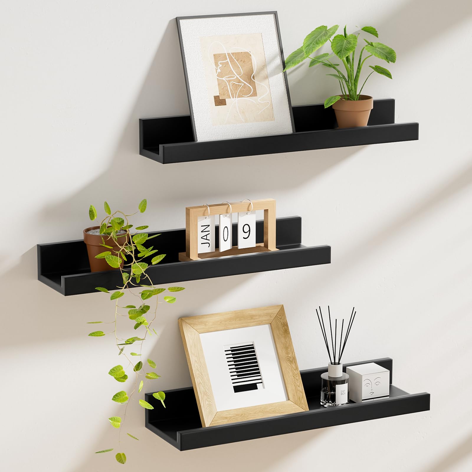 Black Floating Shelves with Lip Set of 3 Picture Ledge Wall Shelf 16 Inch