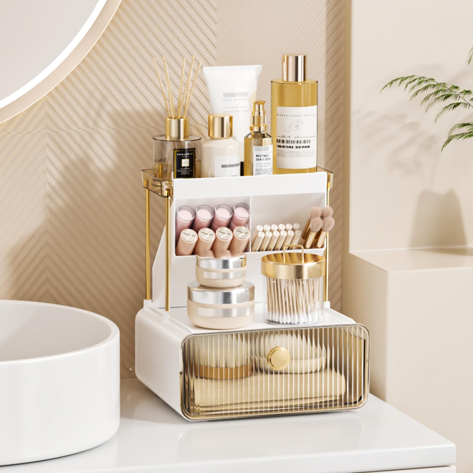 2 Tier Makeup Organizer for Bathroom Vanity Countertop with Drawer