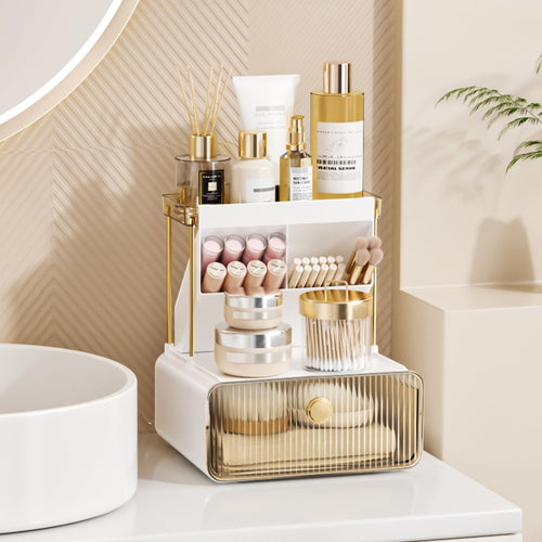 2 Tier Makeup Organizer for Bathroom Vanity Countertop with Drawer