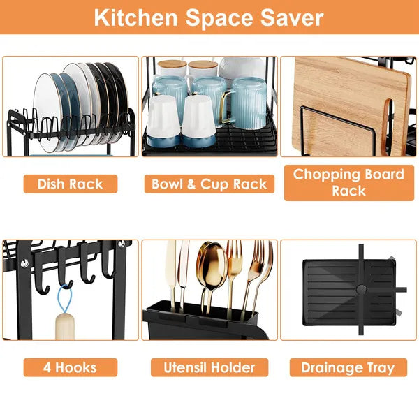 2-Tier Carbon Steel Dish Drying Rack with Drainage Tray