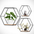 Hexagonal Floating Shelves Set of 3 Black Metal and Wood Wall Shelves