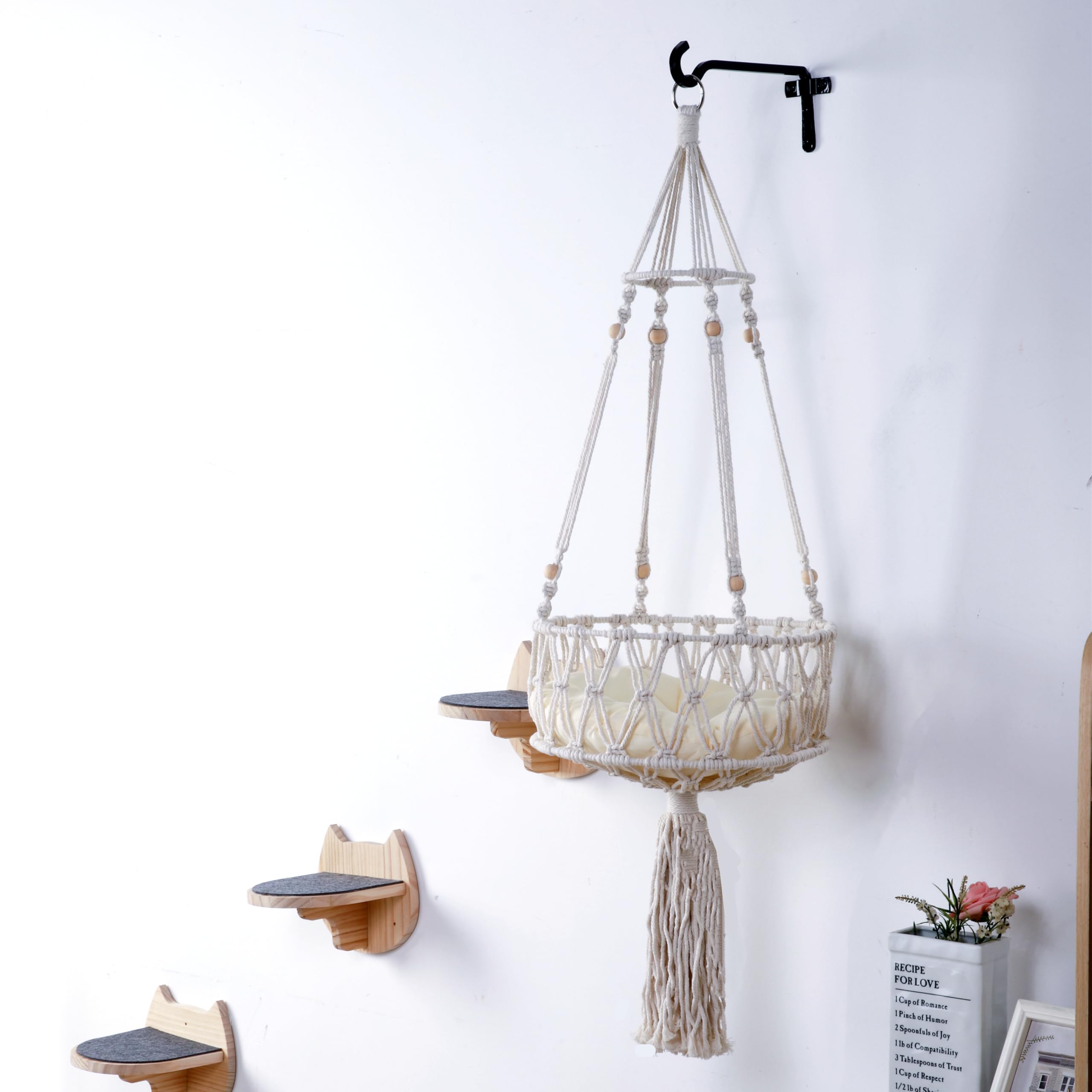 Macrame Boho Cat Hammock Wall Mounted Hanging Cat Bed with 3 Steps