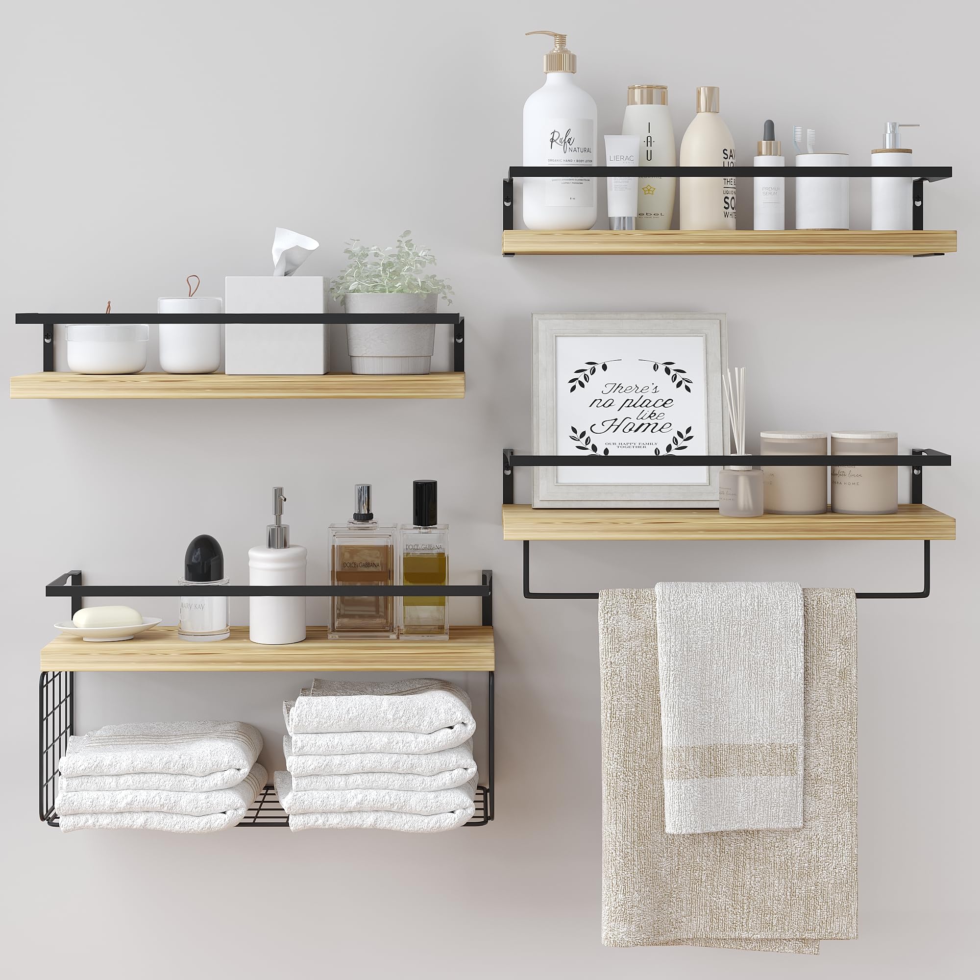 Rustic Floating Bathroom Shelves Set of 4 with Wire Basket and Towel Bar Over Toilet
