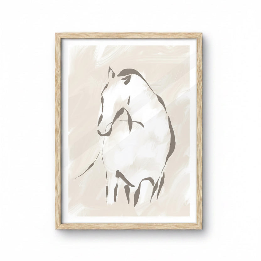 Boho Horse Line Art Framed Canvas Wall Decor 12x16 in Natural Oak Wood Frame
