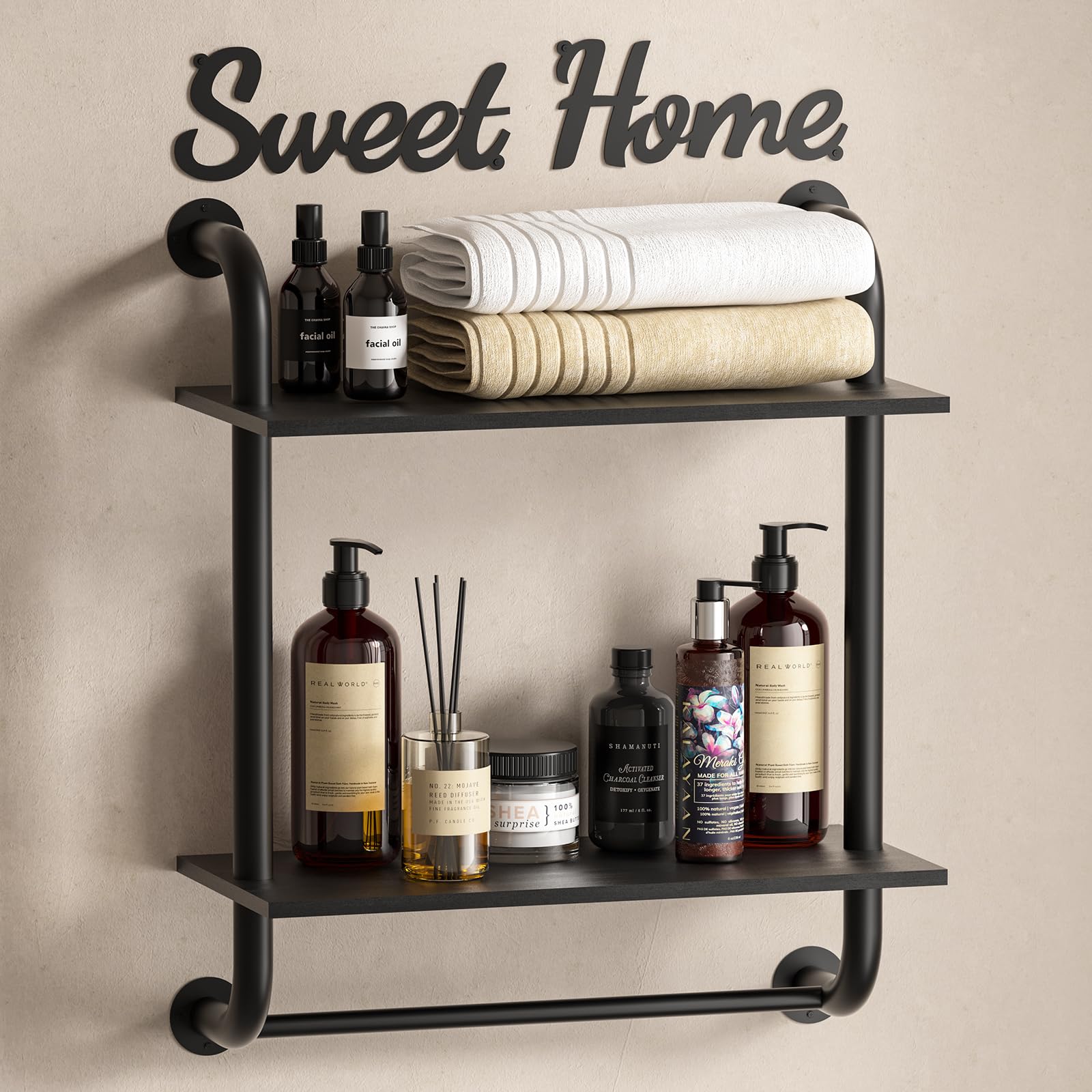 Rustic Pipe Industrial Floating Shelves in Black