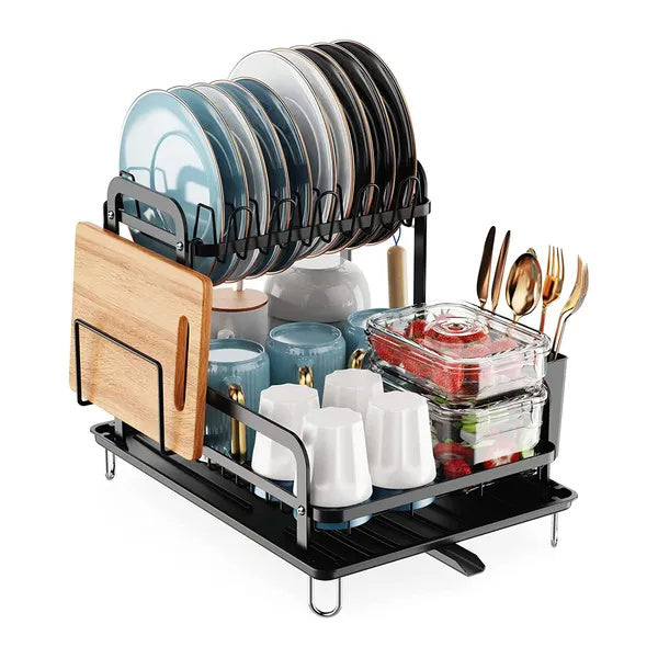 2-Tier Carbon Steel Dish Drying Rack with Drainage Tray