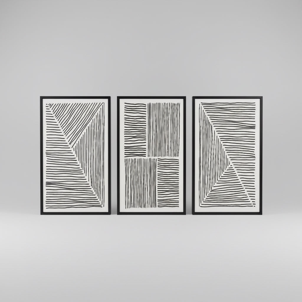 Mid-Century Modern Framed Wall Art Set of 3 Abstract Boho Black Line Decor 16x24 Inch