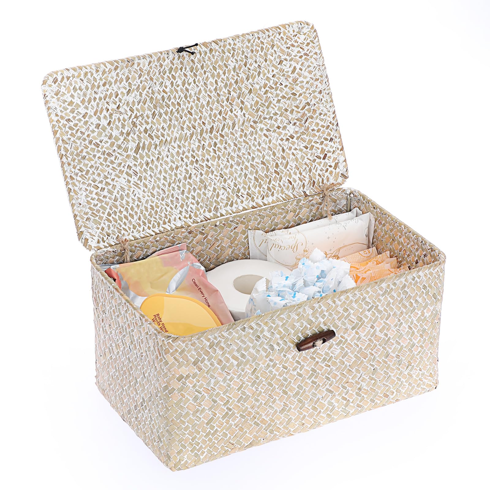 Sumnacon Wicker Basket with Lid Rectangle Woven Baskets for Toiletries
