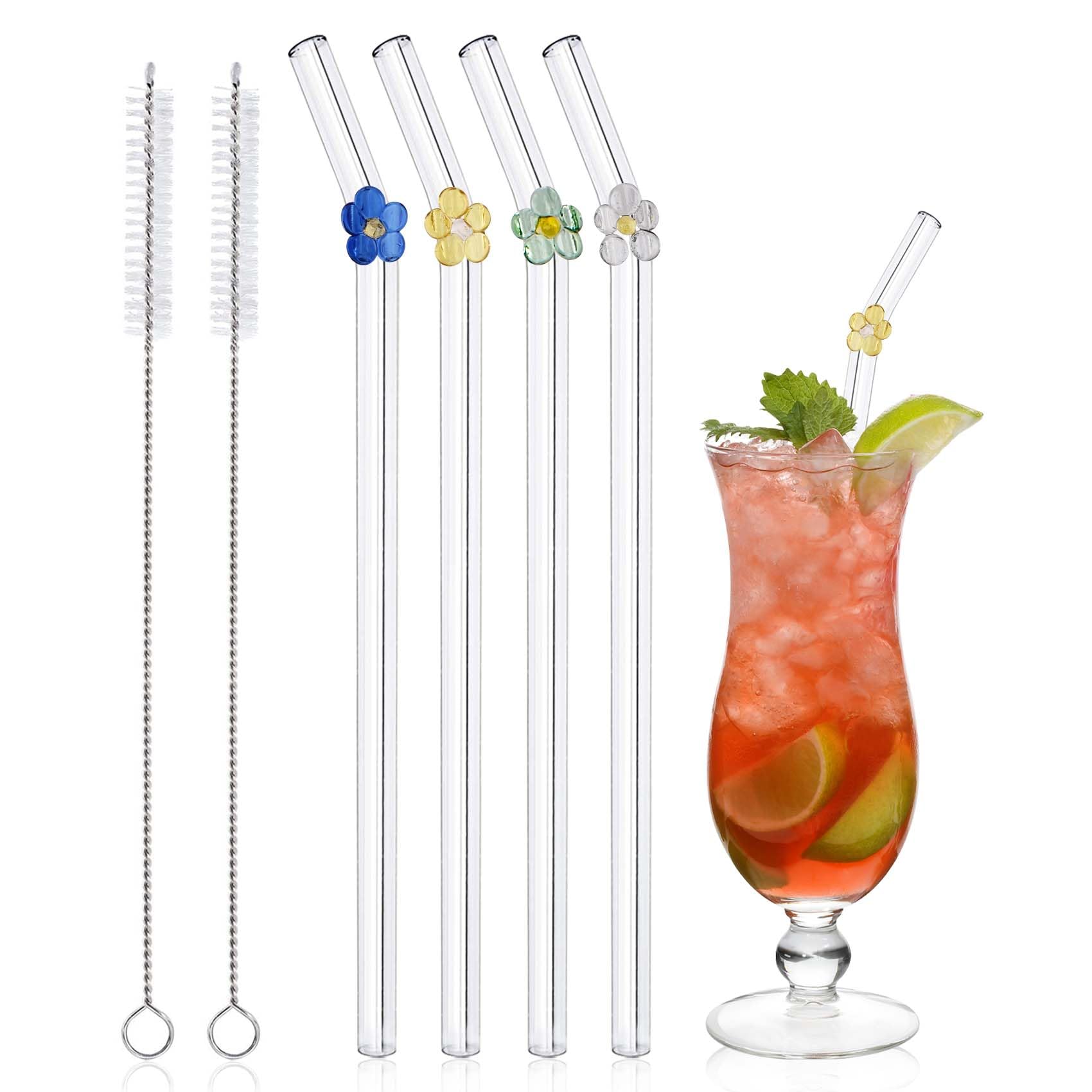 Floral Glass Straws with Cleaning Brushes — Set of 4
