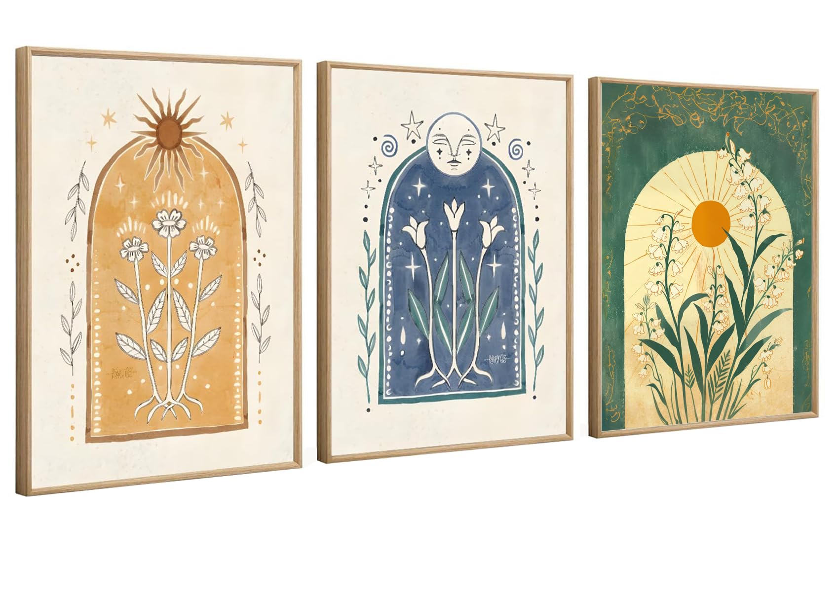 Boho Moon and Sun Canvas Wall Art Set of 3 Lily of the Valley Prints 16x24