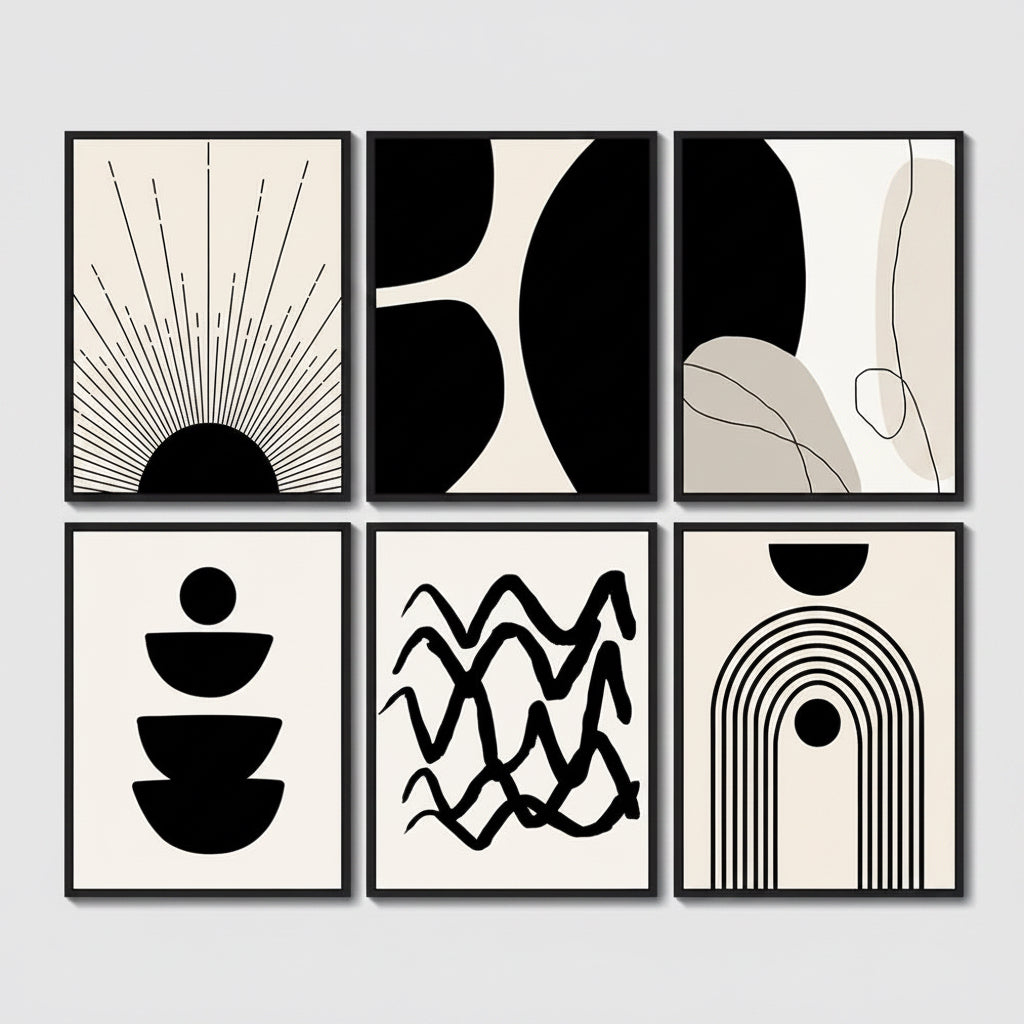 Boho Abstract Framed Wall Art Set of 6 Black Line Geometric Prints 11x14 Inch