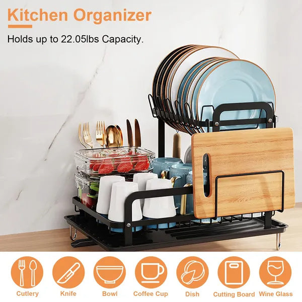2-Tier Carbon Steel Dish Drying Rack with Drainage Tray