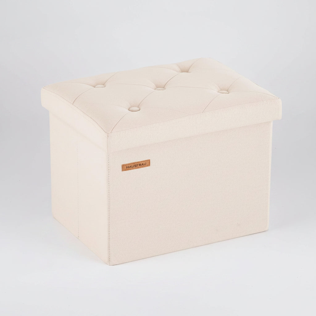 Folding Storage Ottoman Tufted Square Footrest in Linen Beige