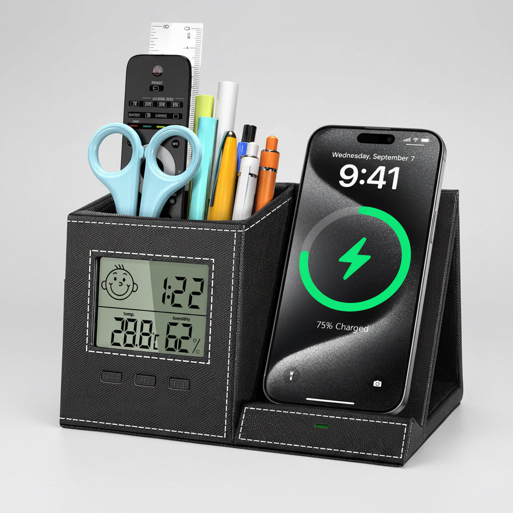 4 in 1 Desk Organizer with Wireless Charger, Pen Holder, Clock and Thermometer