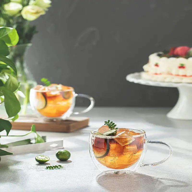 Double-Wall Glass Coffee Cups with Handle · 8oz · Set of 2