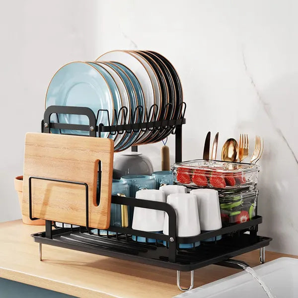 2-Tier Carbon Steel Dish Drying Rack with Drainage Tray