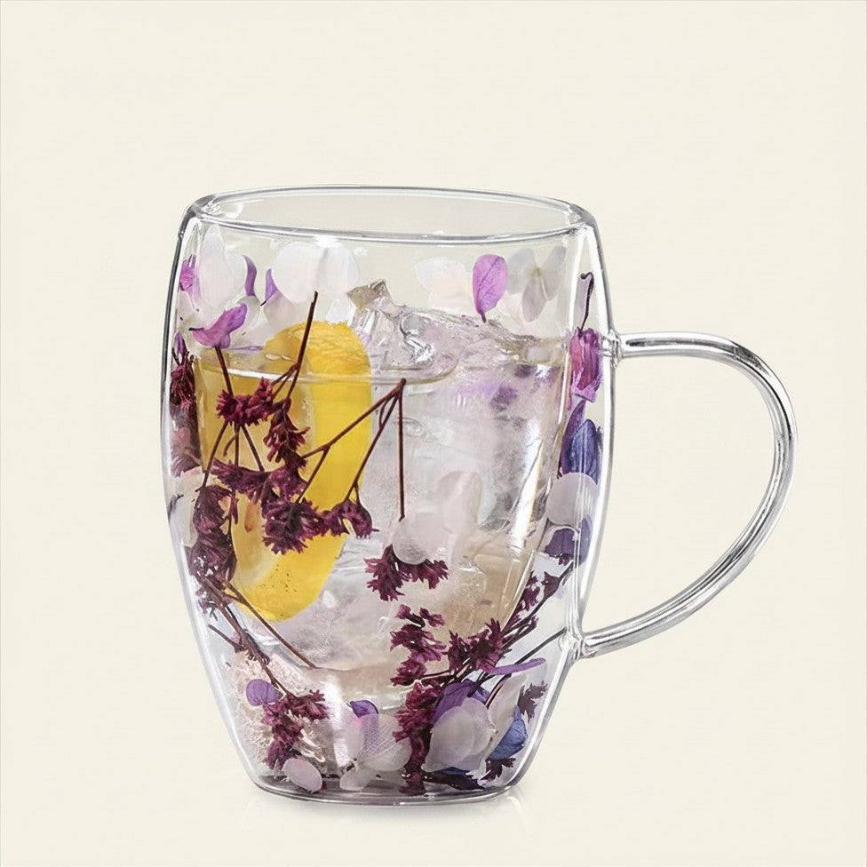 Double-Wall Pressed Flower Glass Mug