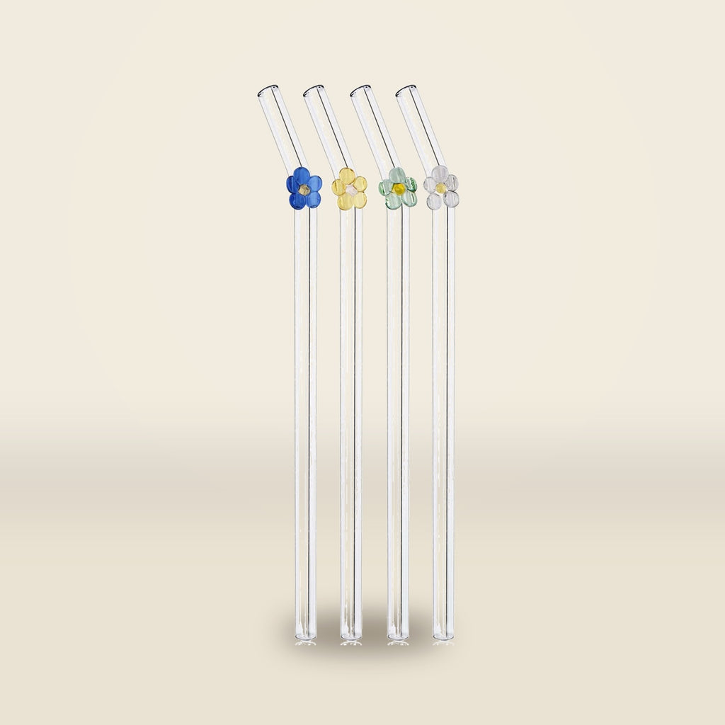 Floral Glass Straws with Cleaning Brushes — Set of 4