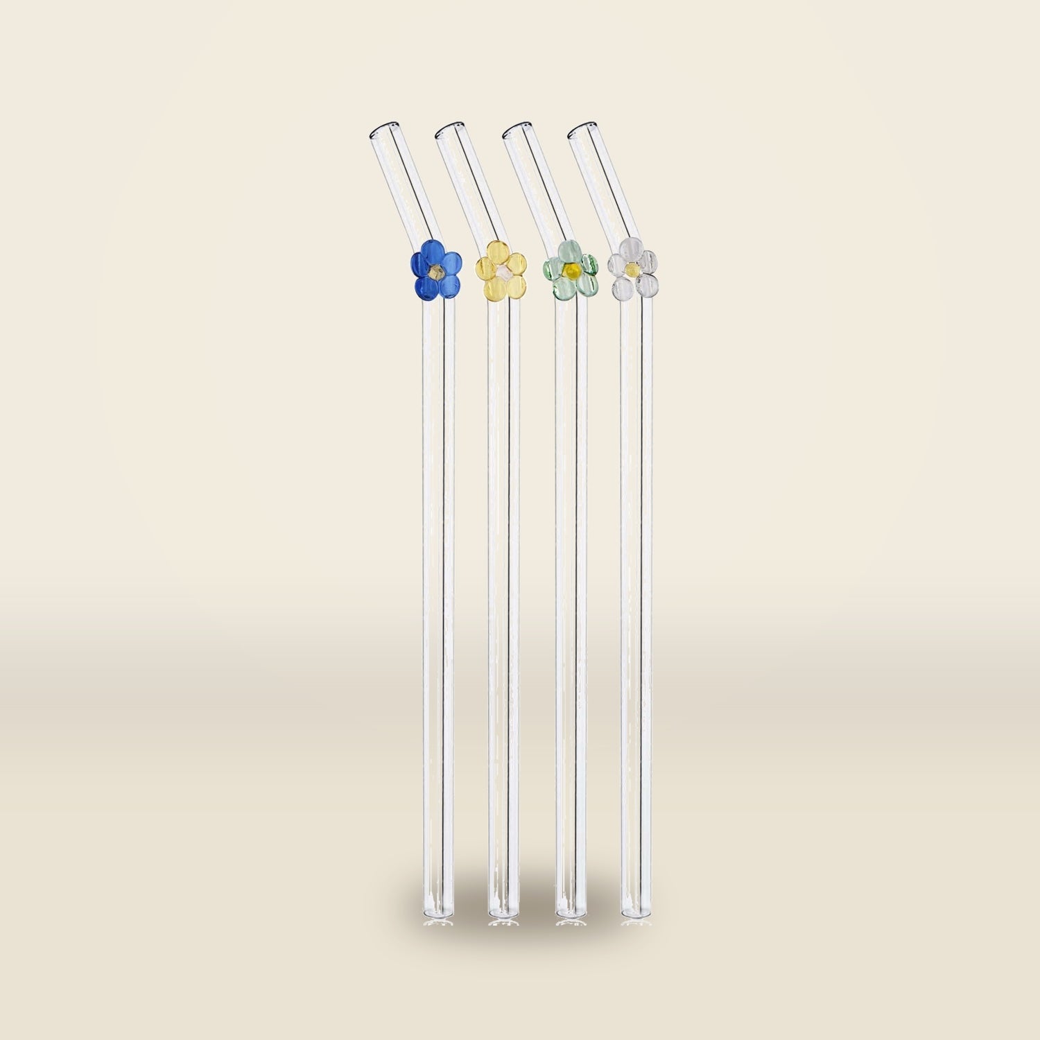 Floral Glass Straws with Cleaning Brushes — Set of 4