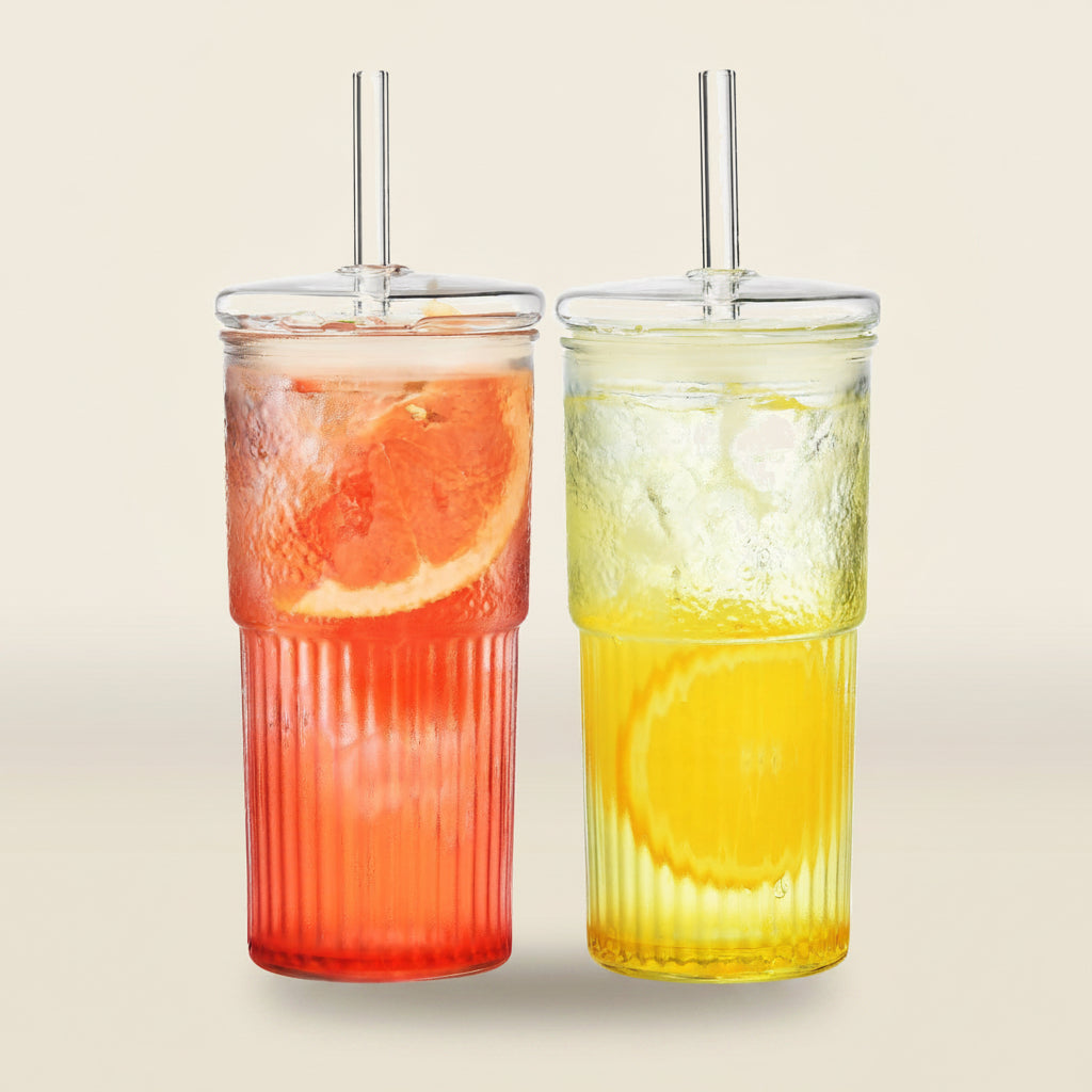 Borosilicate Glass Tumbler with Glass Lid & Straw · 22oz · Set of 2