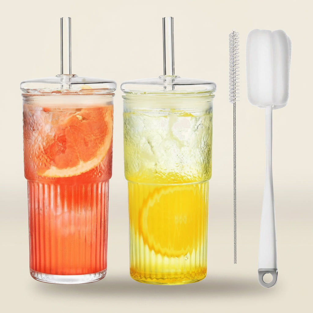 Borosilicate Glass Tumbler with Glass Lid & Straw · 22oz · Set of 2