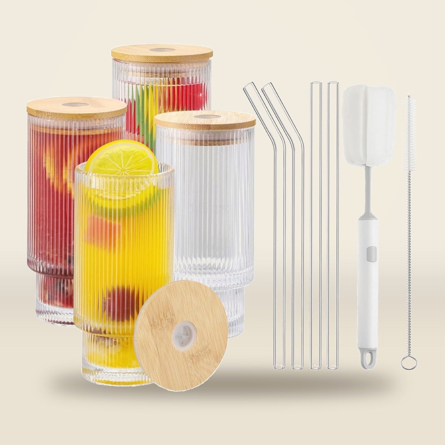 Fluted Glass Tumblers with Bamboo Lids · 16 oz · Set of 4